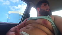 chubby gay with big nipples cumming in the car